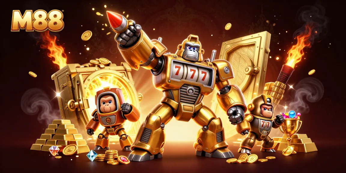 M88 reveals a dynamic gaming scene with a golden gorilla mech and treasure bursting from a vault.