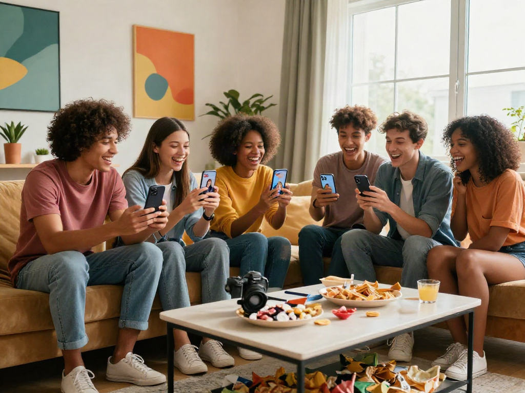 Group of friends using a celebrity i look like app in a vibrant living room setting, showing excitement and laughter.