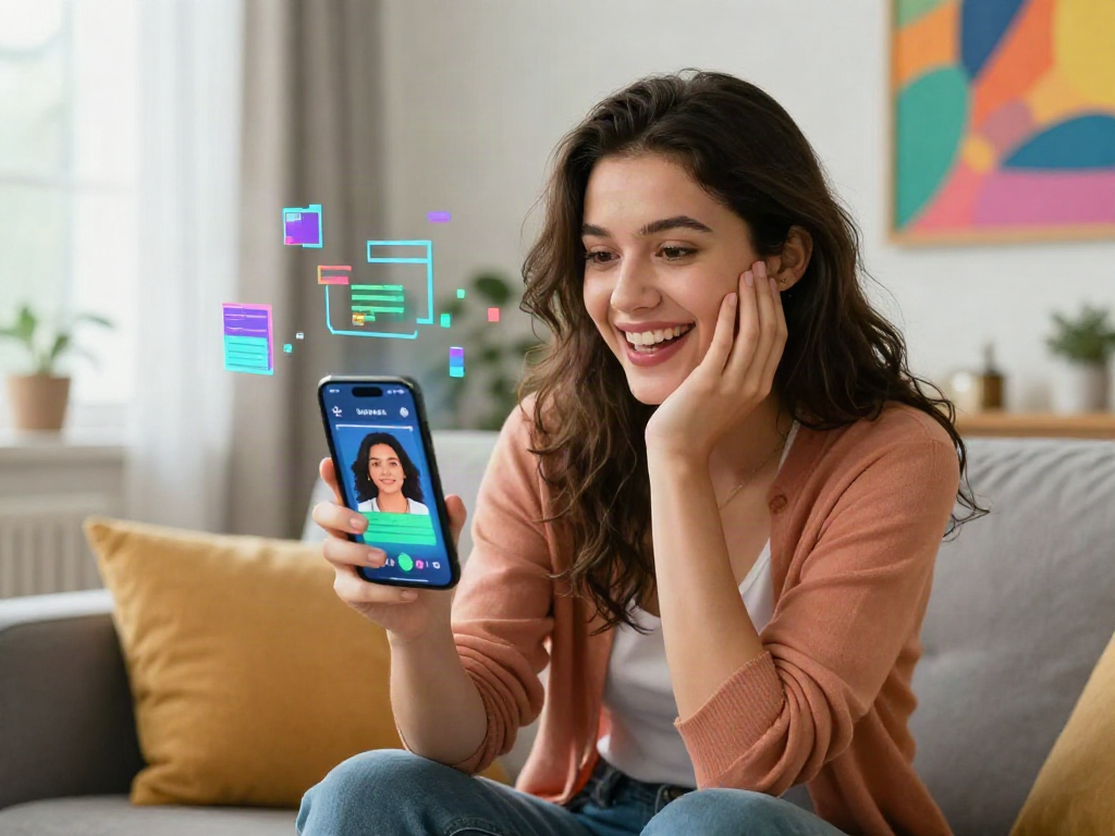 Young adult woman using an app to find out how old do I look, smiling with excitement.