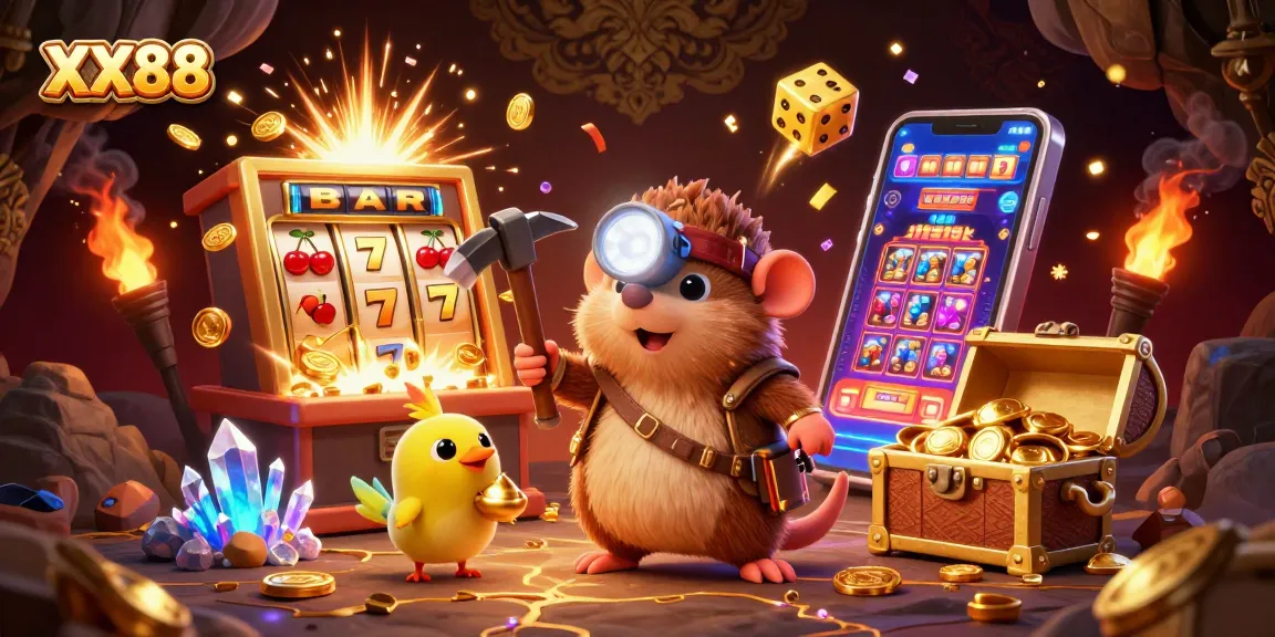 Play exciting casino games like slots at XX88 with treasures overflowing in this vibrant illustration.