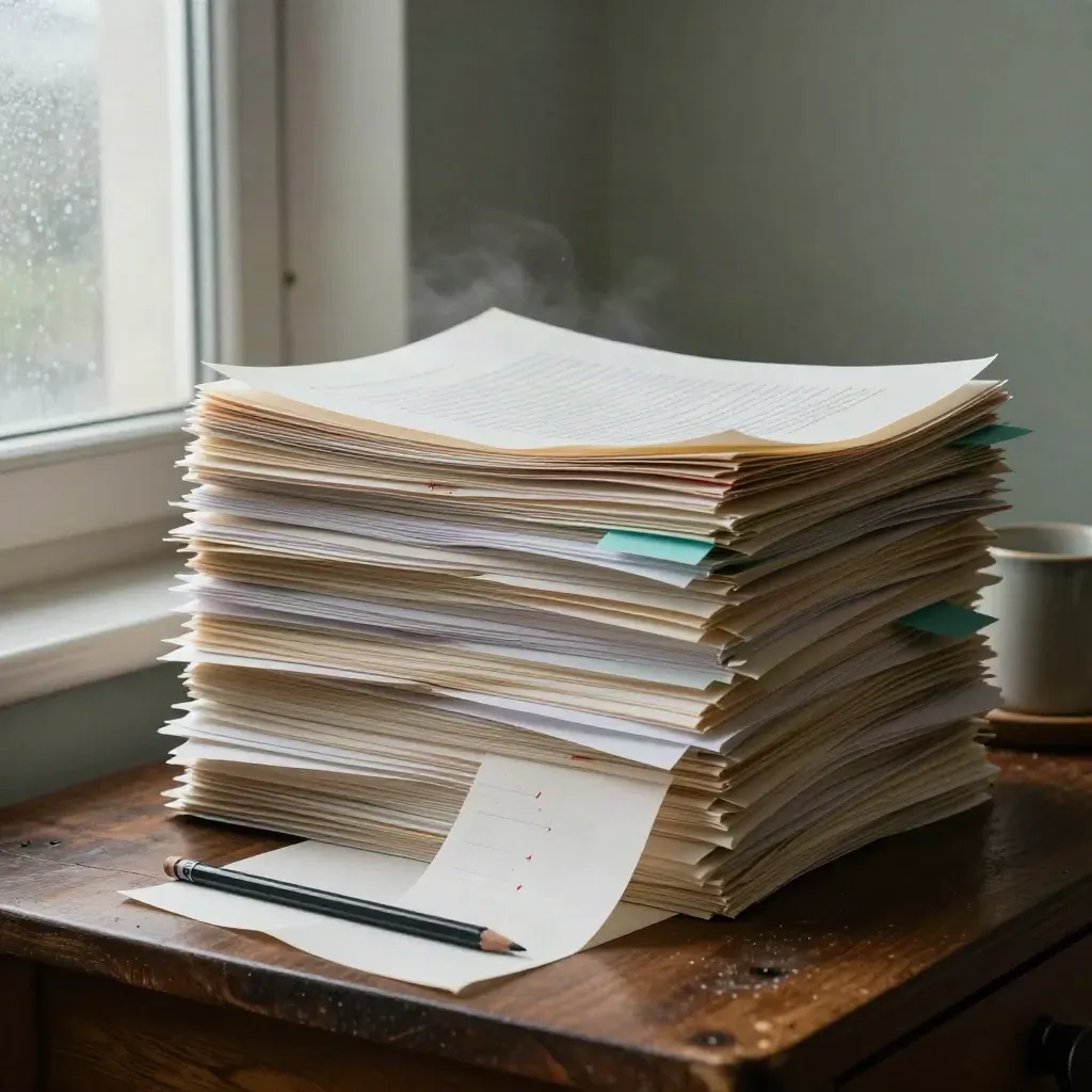 Moody morning stack of proof pages with red marks, teal flags, and a lifted page edge.