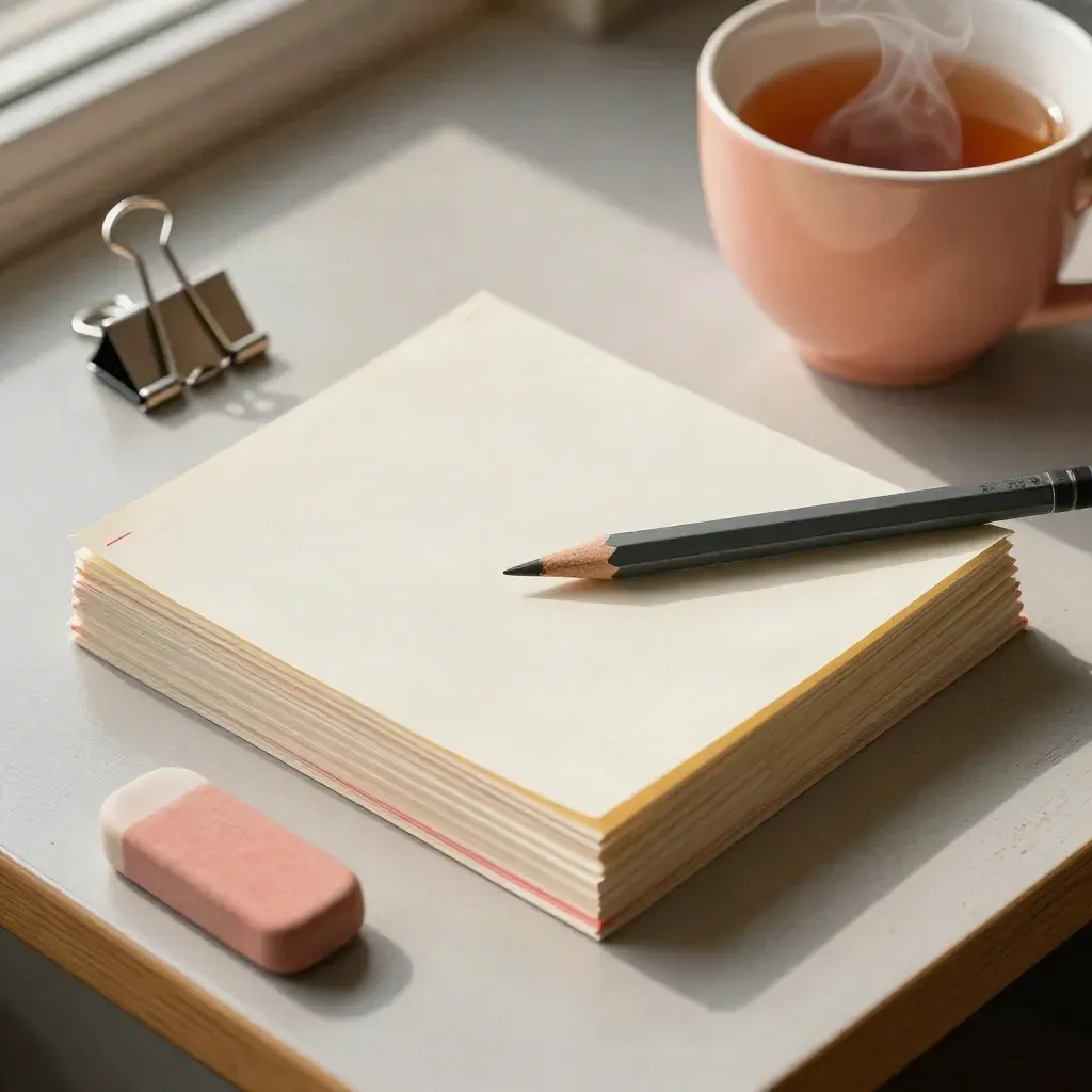 Top-down essay stack with red edits, pencil, eraser, clips and steaming tea on a dorm desk.