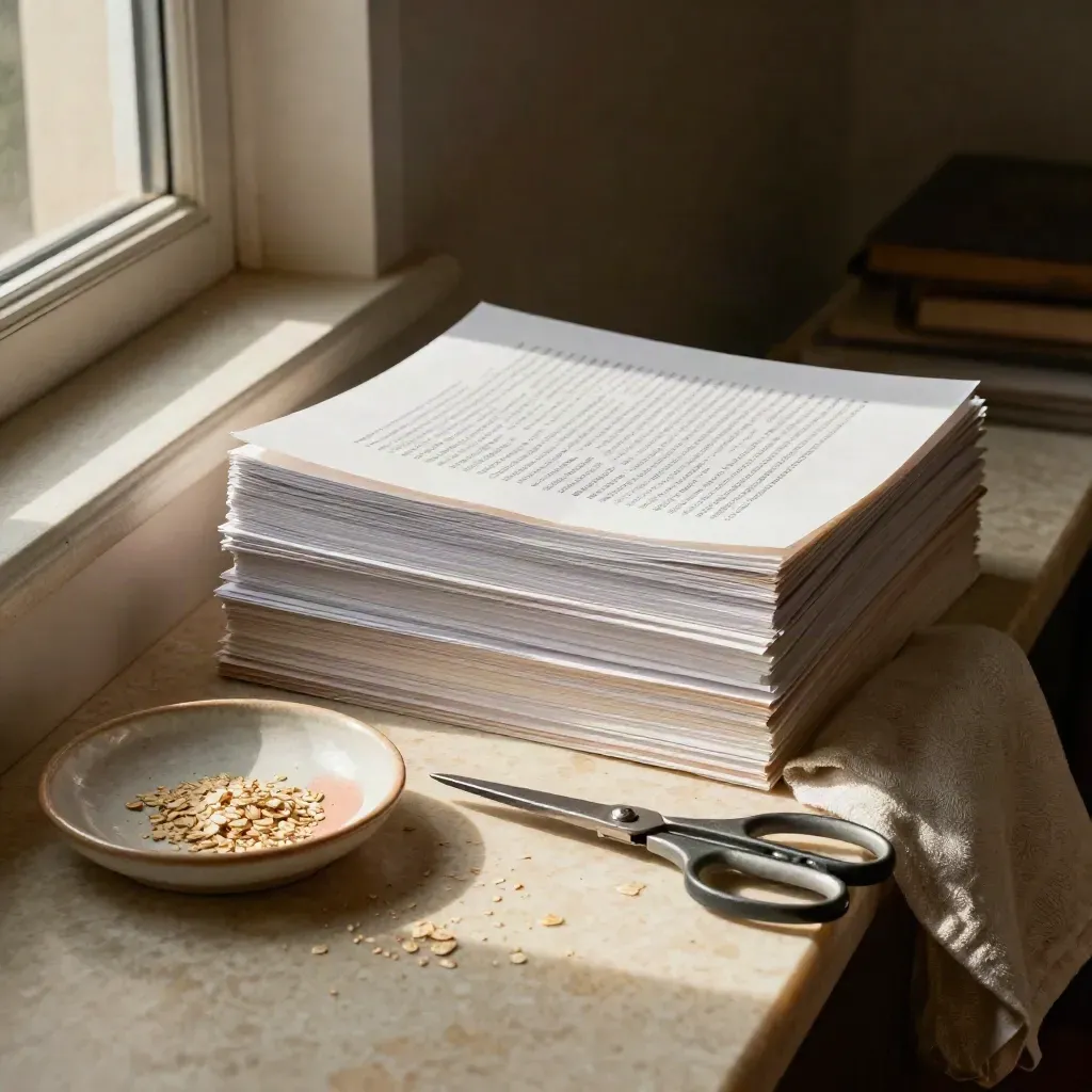 Trimmed manuscript pages with scissors, linen cloth, and paper scraps in warm window light.