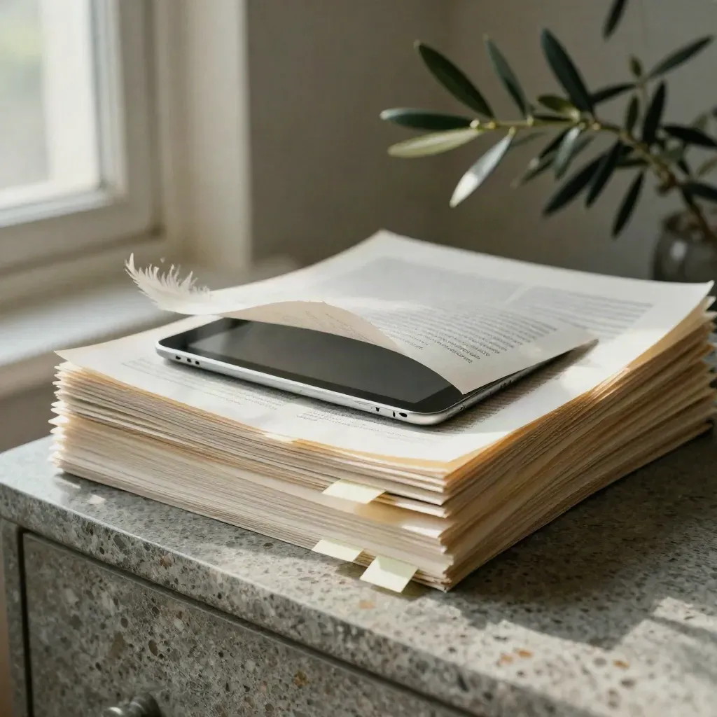 Edited blog draft pages, face-down tablet, sticky tabs and plant on stone in moody morning light.
