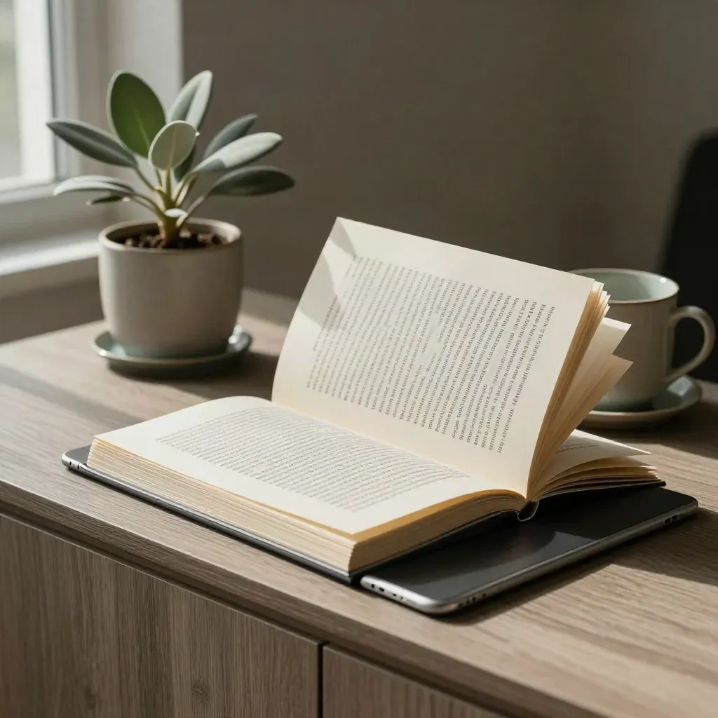 Tablet, paper packet, plant, and mug settling on a sideboard in soft window light.