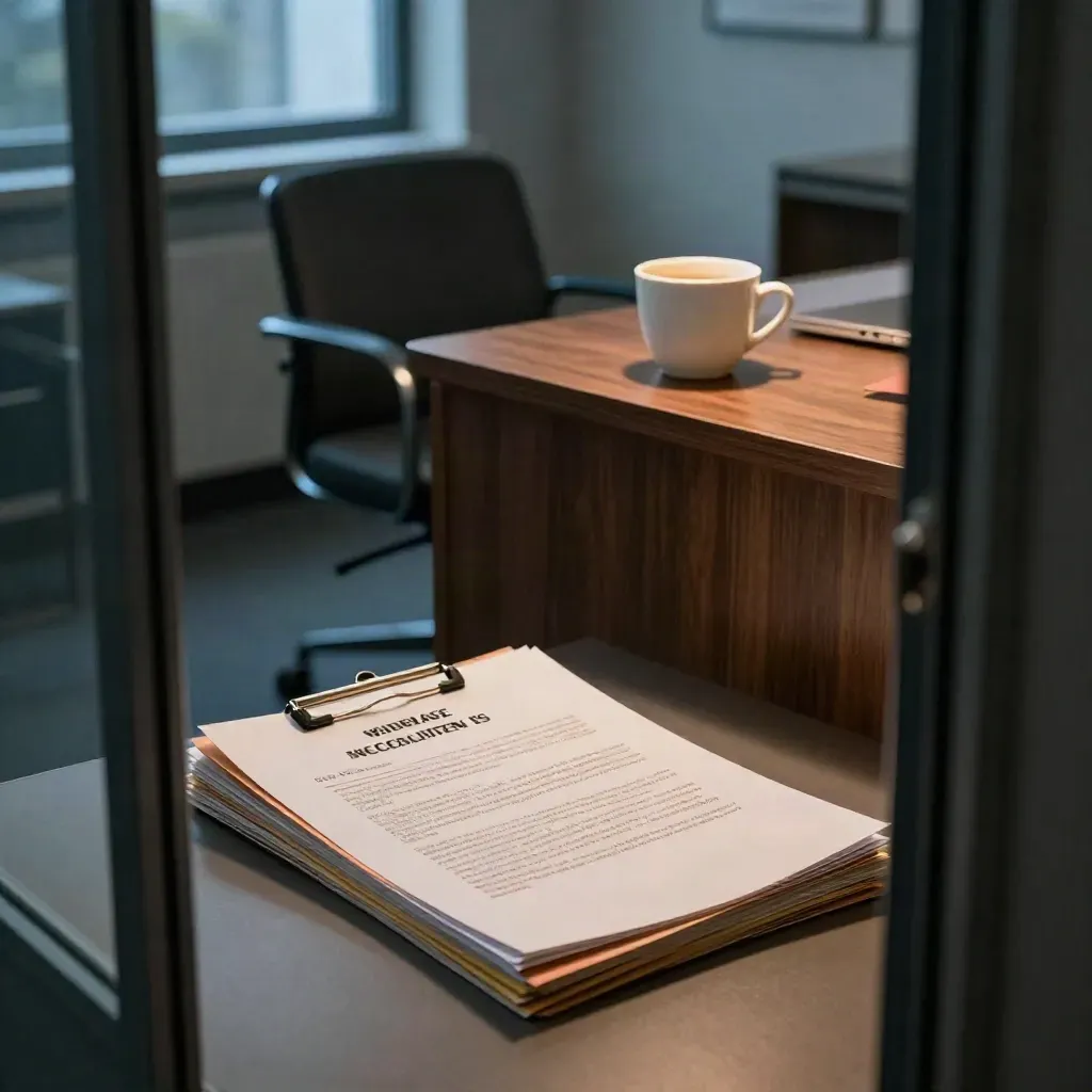 Press release folder, coffee cup, and lamp shadow in a quiet newsroom office
