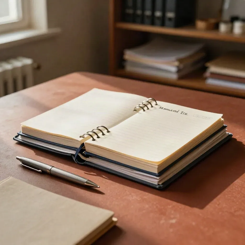 Closed planner, clipped packets, and a slim pen on a matte table in a calm editorial workspace.