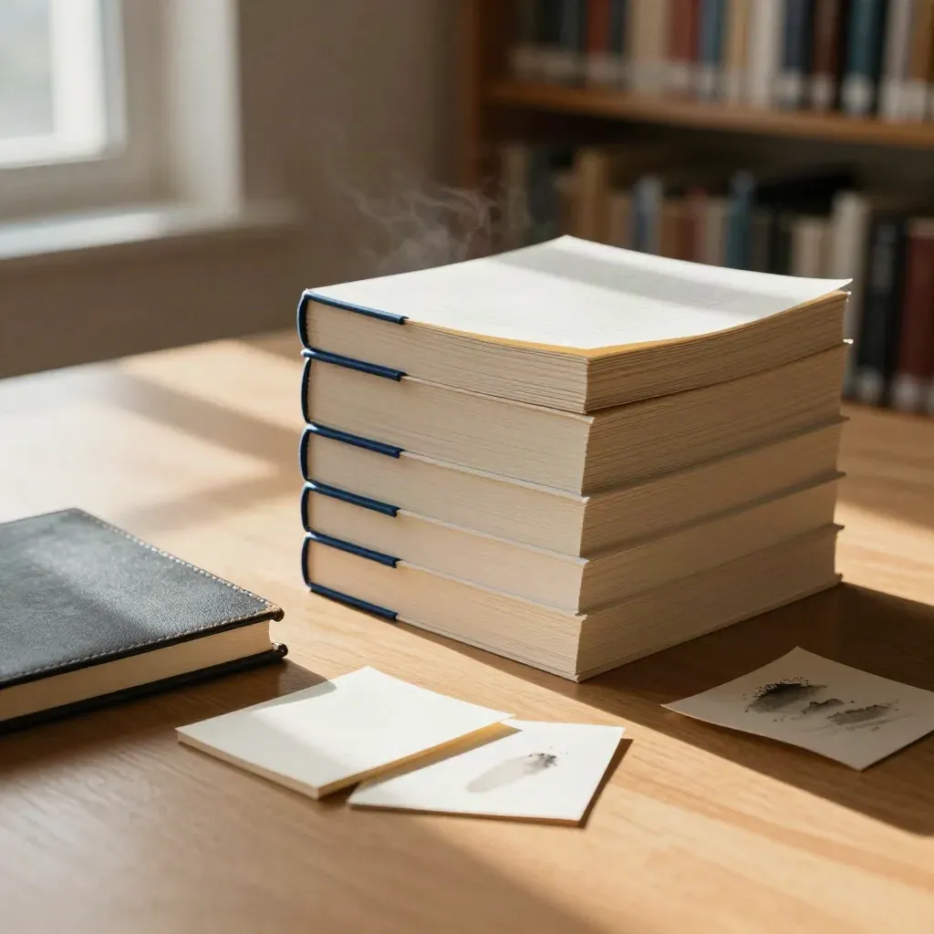 Low-angle thesis manuscript stack, hardbound notebook, and note cards on a quiet library table at dawn.