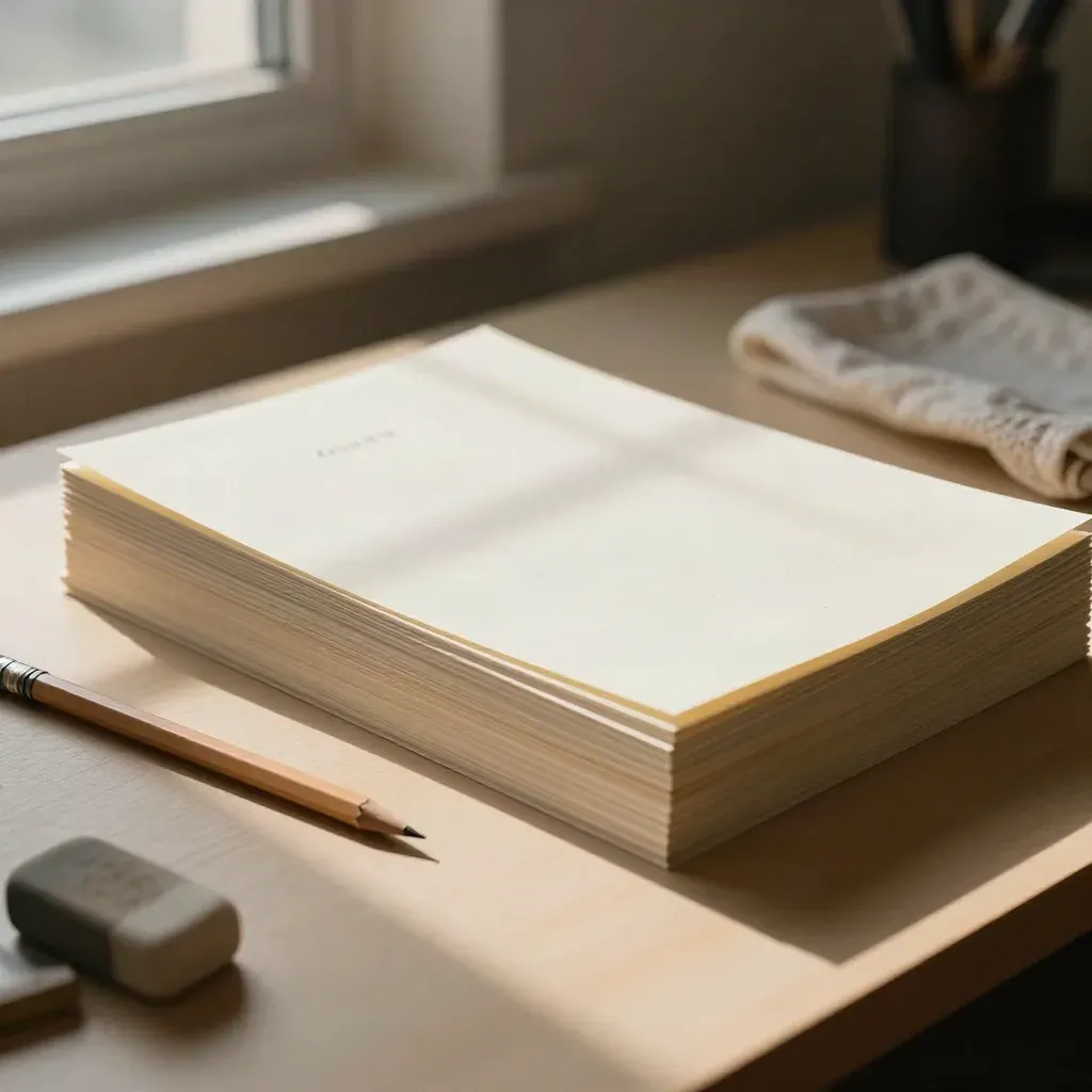 Cream resume pages, pencil, eraser and folded cloth on a moody editorial workbench.