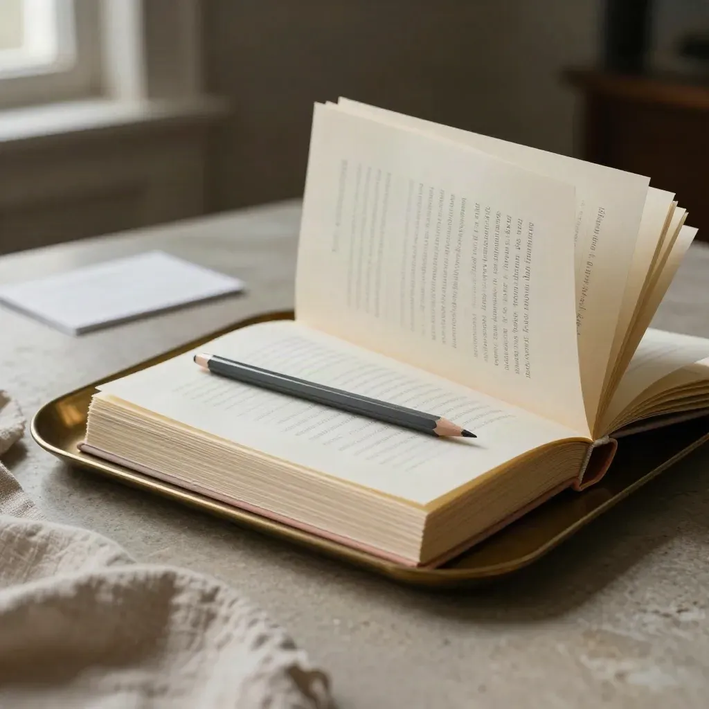 Paper packet with tabs, pencil and linen settling on a stone tray in soft light.