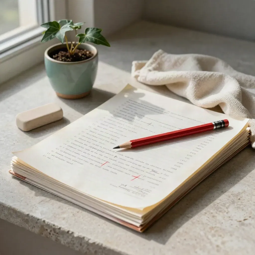 Marked-up essay pages, red pencil, eraser, ivy and cloth on pale stone, soft window light.