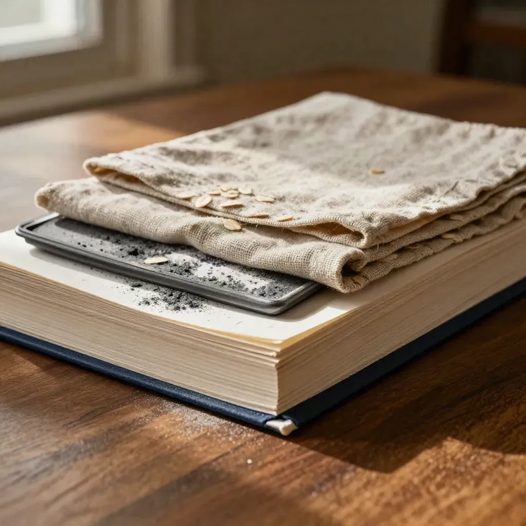 Macro of report pages, graphite tray, and linen cloth on a walnut desk in warm window light.