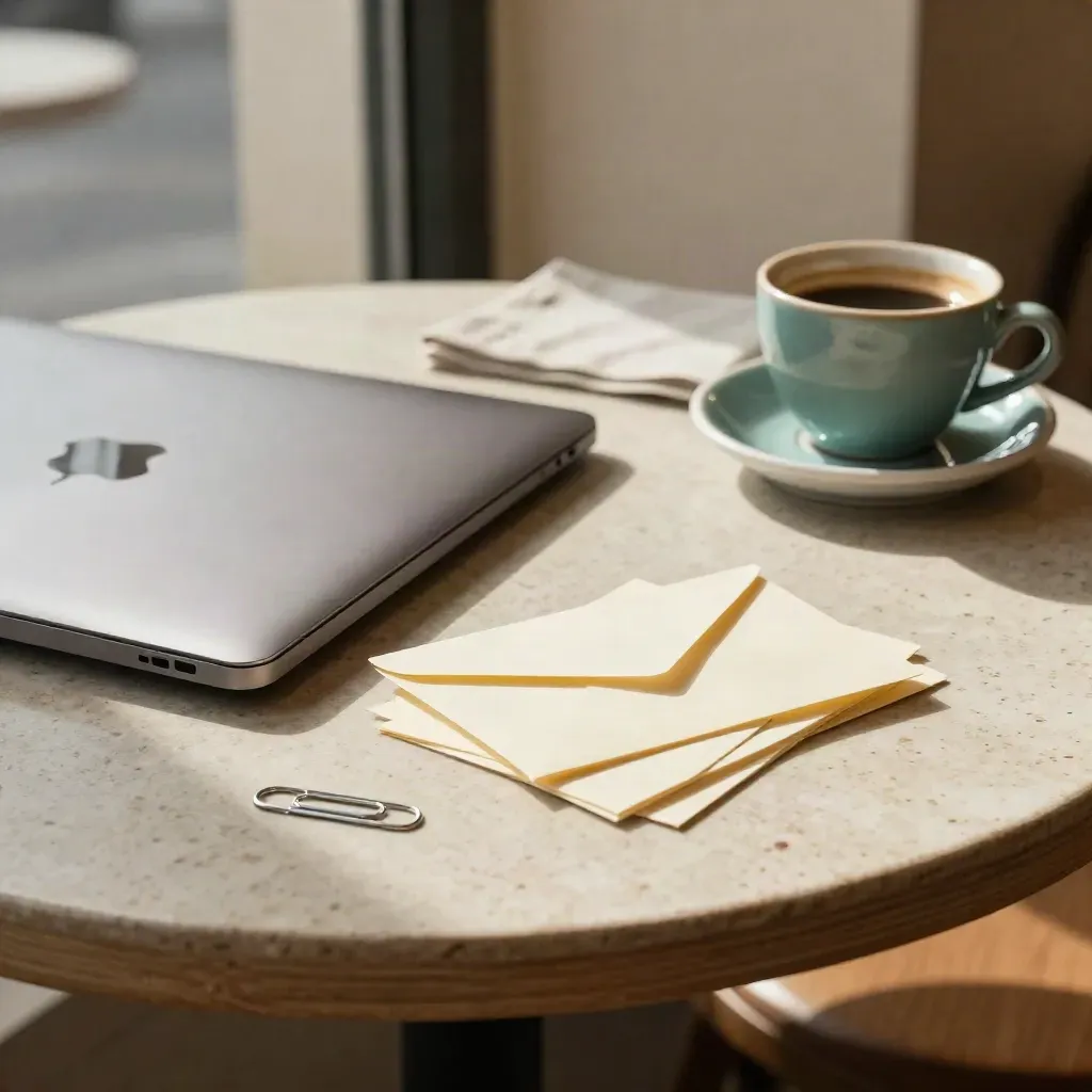 Closed laptop, note cards, paperclips and teal cup on a café table in warm light.