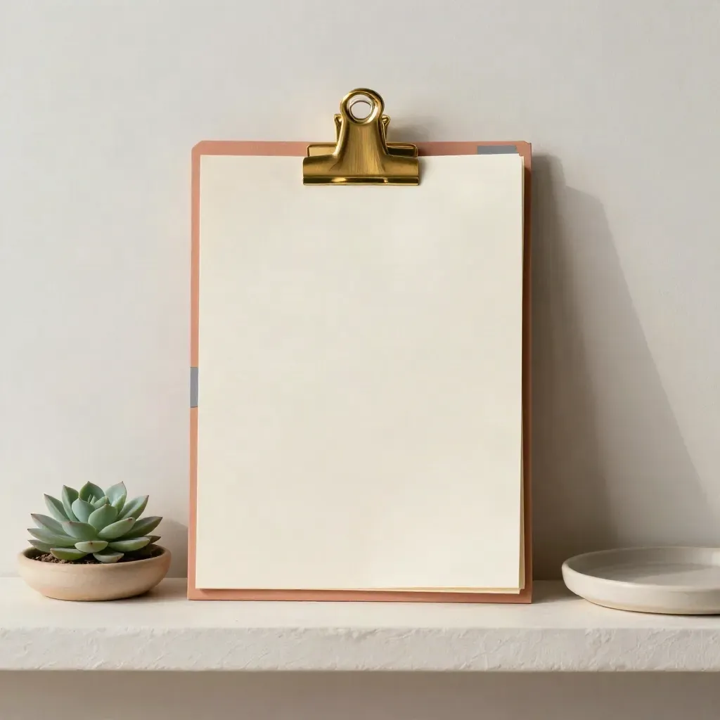 Top-down still life of a business copy packet with tabs, brass clip, succulent and tray.