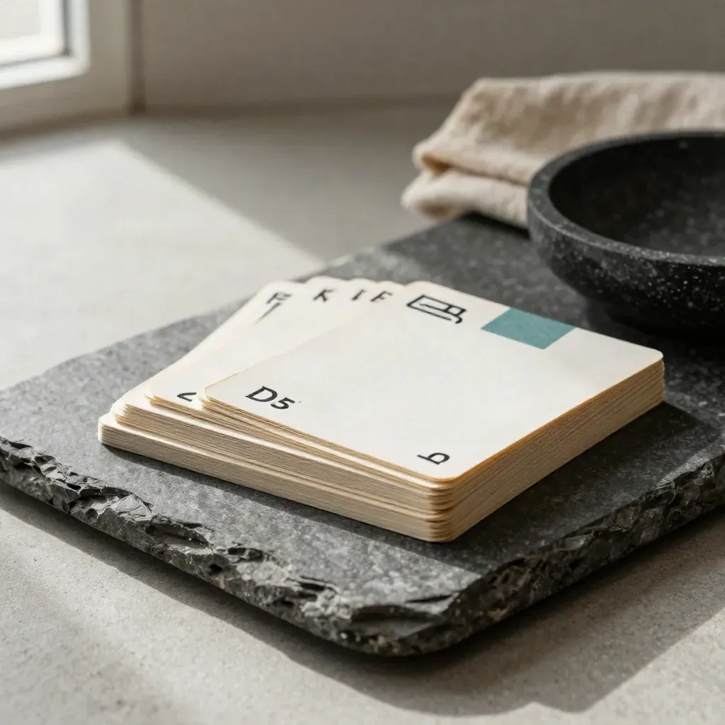 Face-down fact-check cards, linen cloth, and stone dish on a neutral tray in soft light