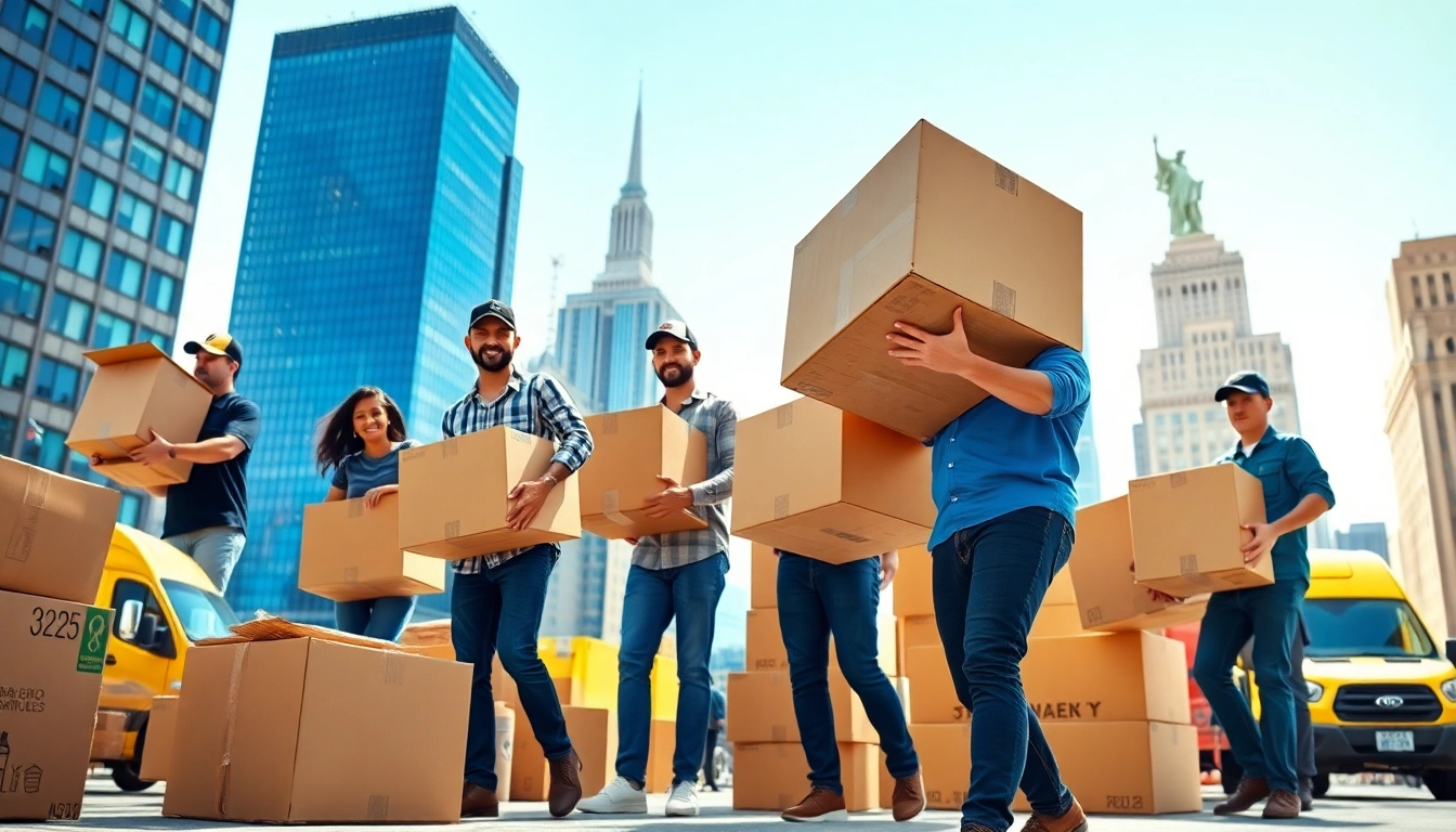 Packers and movers New York efficiently moving boxes and furniture in a bustling urban scene.