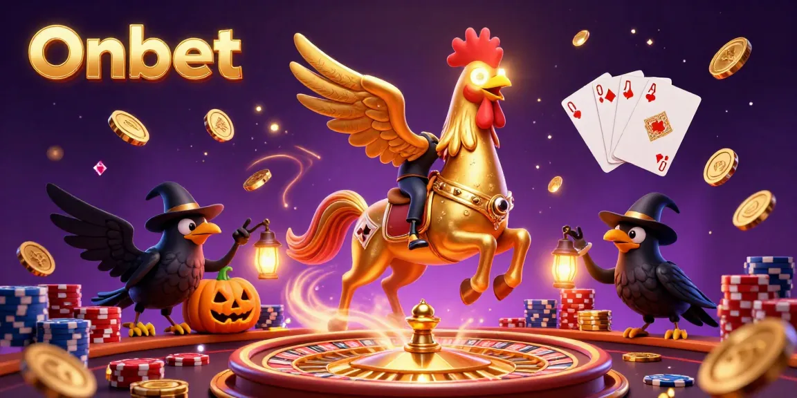 Engage in thrilling gaming at Onbet with a golden rooster riding through a vibrant casino, surrounded by dynamic game elements.