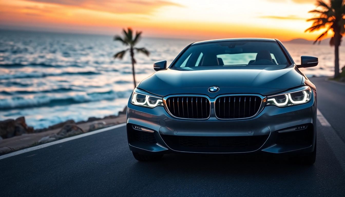 Drive the luxurious BMW car, embodying elegance with a stunning coastal sunset backdrop.