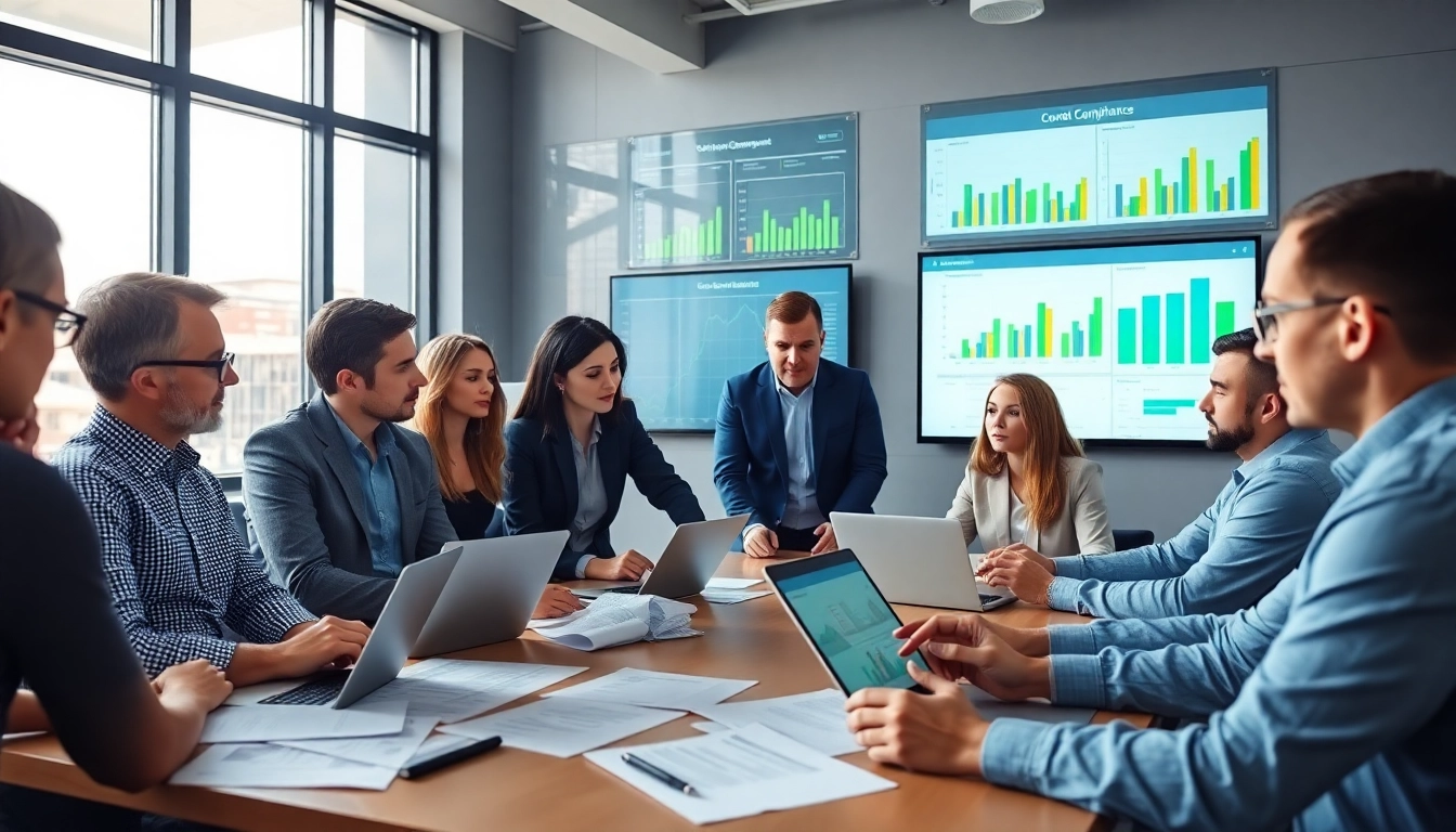 Team analyzing post-award compliance management in a collaborative office environment.