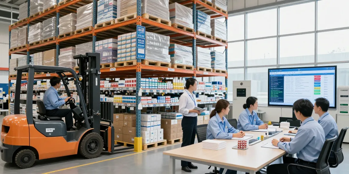 Pharmaceutical warehousing company managing inventory efficiently in a modern facility with staff and equipment.