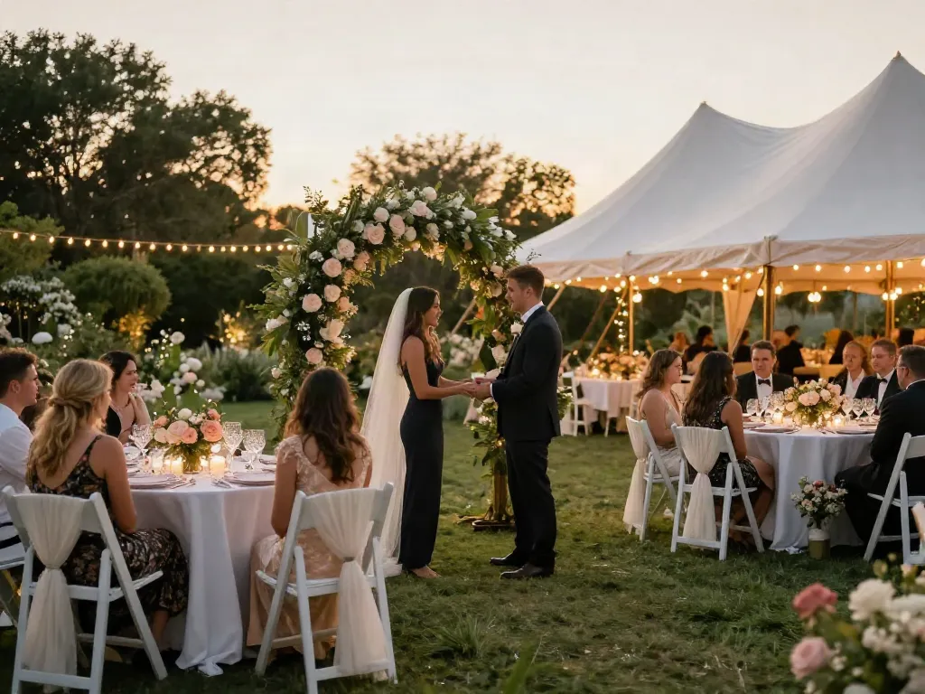 Event rentals for an elegant outdoor wedding with floral decorations and twinkling lights, creating memorable moments.