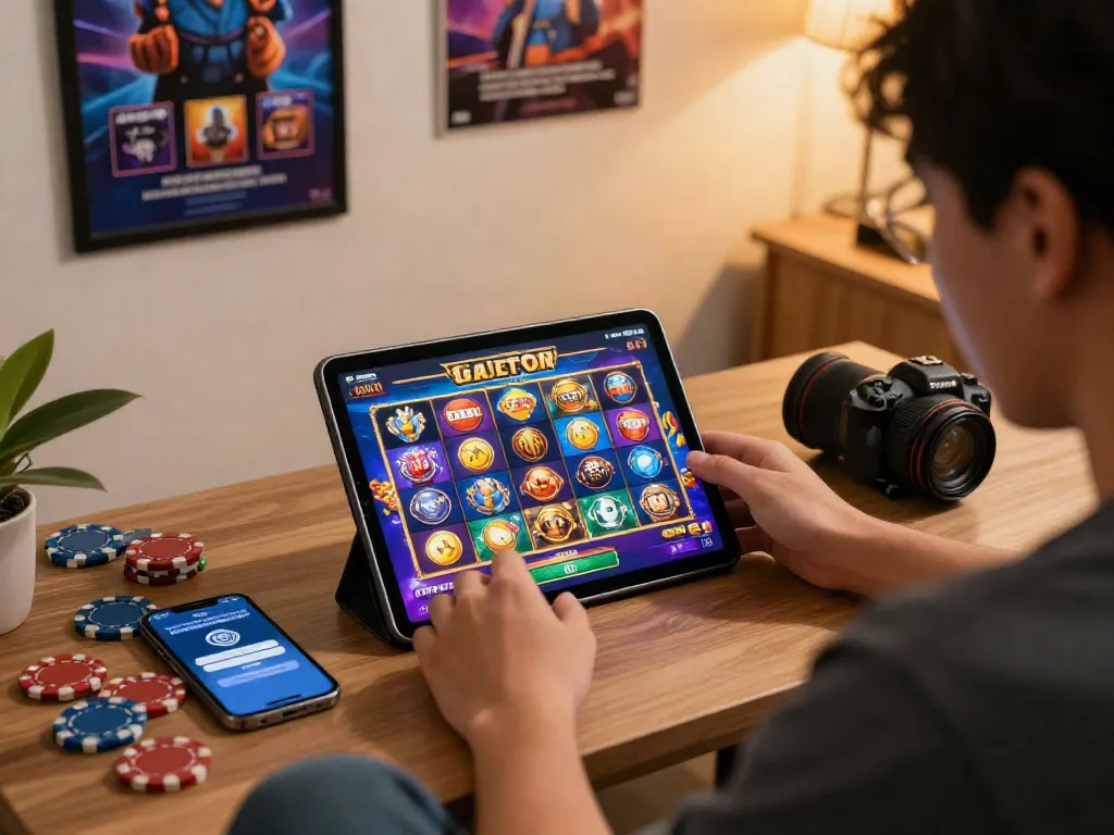 Gaming scene with a player enjoying vibrant slot gacor hari ini on a tablet amid a cozy atmosphere.