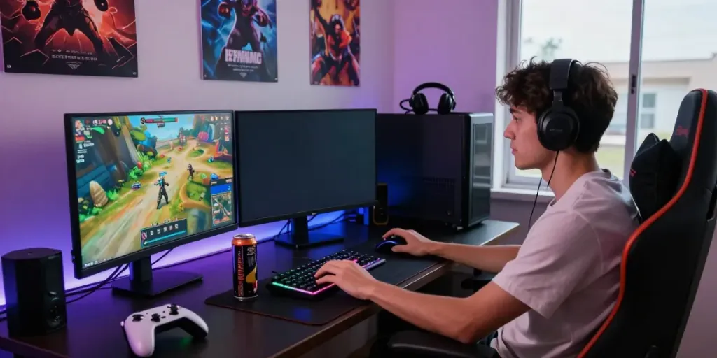 Gamer immersed in dynamic online gaming with vibrant triple-monitor setup showcasing https://plustoto4dbigwin.uk.com gaming graphics.