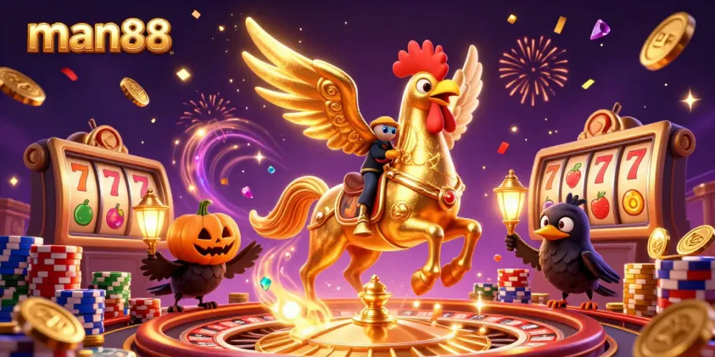 Engage with man88's thrilling casino experience featuring vibrant slot reels and dynamic gaming elements.