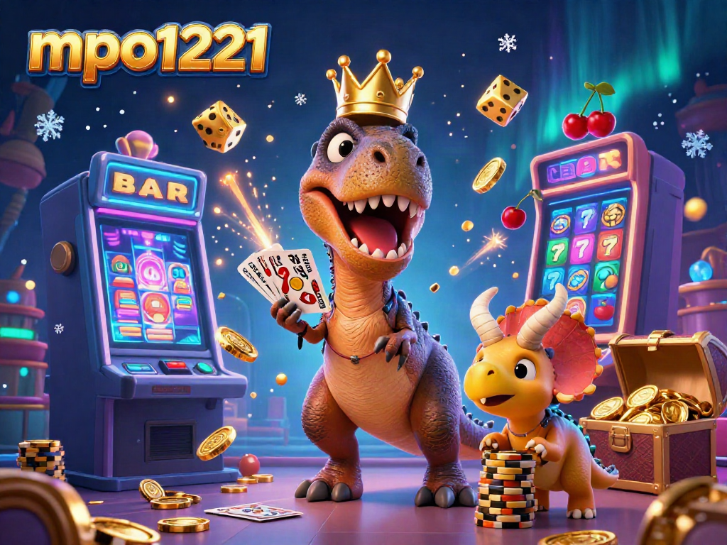 Engage with mpo1221 as a T-Rex shuffles cards while a baby triceratops stacks golden chips in a vibrant casino scene.