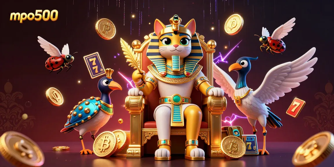 Experience high-energy gameplay with mpo500, showcasing slot reels and dynamic Egyptian-themed characters.