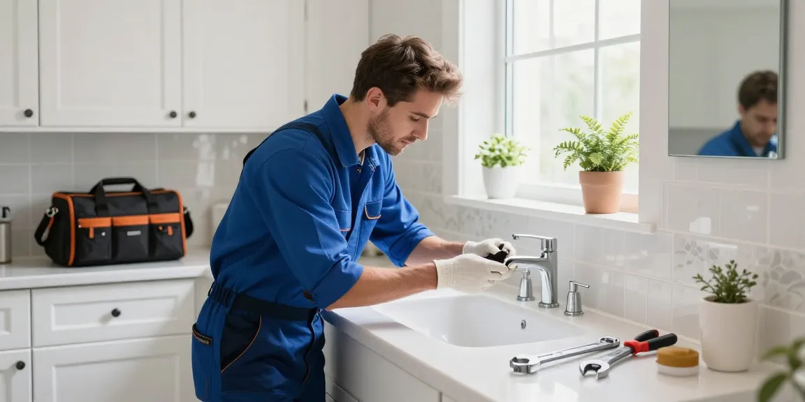 Plumber installing faucet in a modern bathroom, read more here for professional plumbing tips.