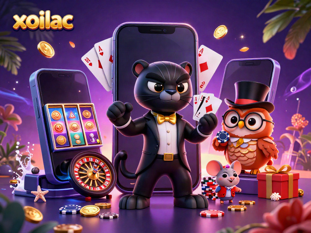 Engage with xoilac's vibrant 3D cartoon casino scene featuring stylish characters playing cards and enjoying gaming elements.