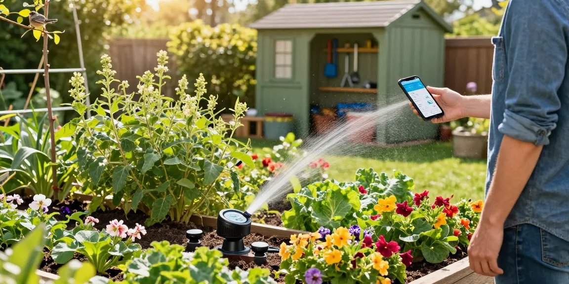 Homeowner managing rainpoint Irrigation Controllers in a vibrant garden, checking smartphone app and ensuring proper plant hydration.