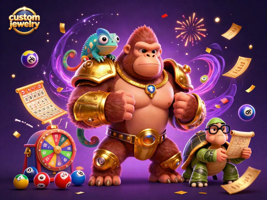 Win big with custom jewelry amidst dynamic gambling elements and characters in vibrant colors.