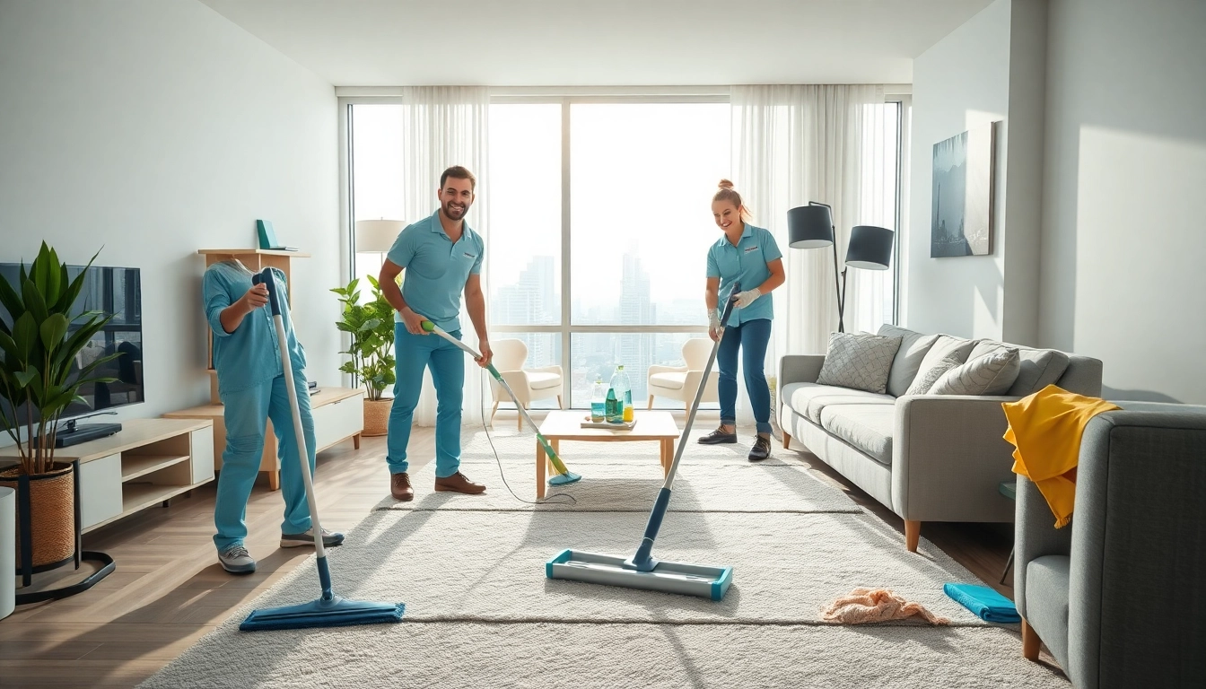 Expert bond cleaning Logan team performing thorough cleaning in a modern apartment with bright sunlight.