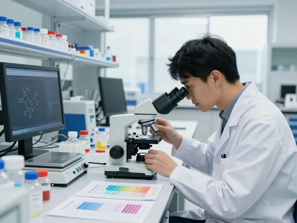 Scientist analyzing Swiss Chems peptides in a modern laboratory.