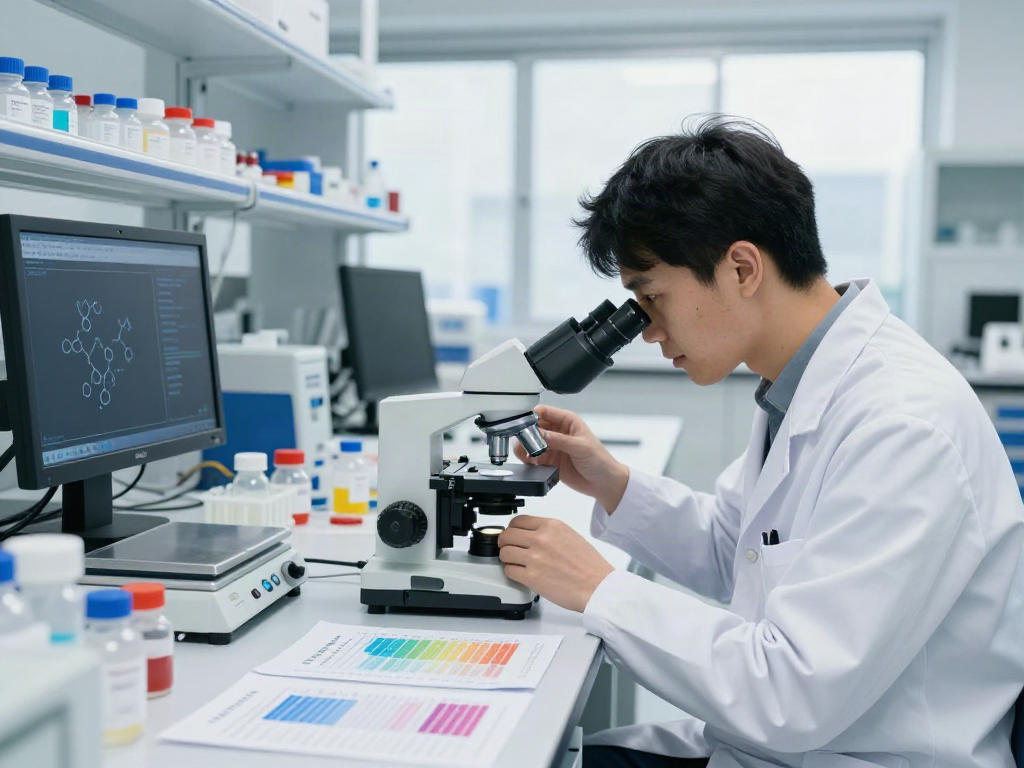 Scientist analyzing Swiss Chems peptides in a modern laboratory.