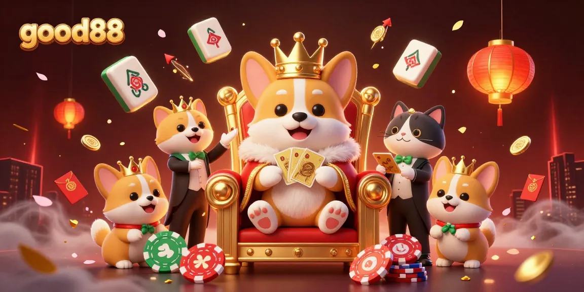 Experience thrilling gameplay at good88, with a vibrant 3D scene featuring a royal corgi, card decks, and colorful casino elements.