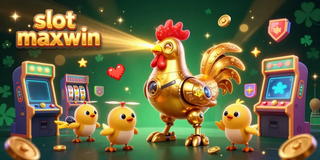 Slot maxwin menyajikan ilustrasi kasino yang dinamis dengan karakter robot emas dan suasana permainan yang meriah.