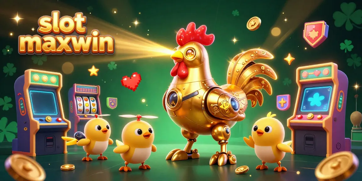 Slot maxwin menyajikan ilustrasi kasino yang dinamis dengan karakter robot emas dan suasana permainan yang meriah.