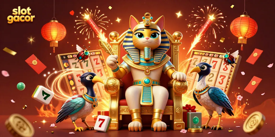 Experience slot gacor in a vibrant 3D illustration with pharaoh cat and casino elements.