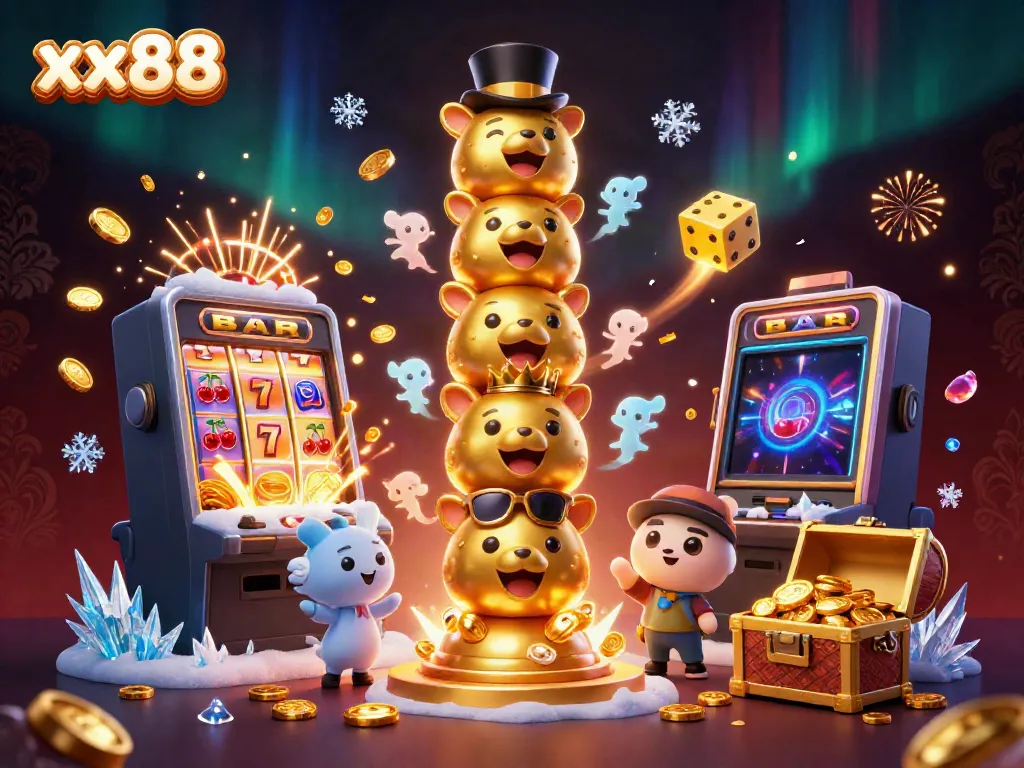 Experience the excitement of xx88 casino with a dynamic illustration of a totem pole surrounded by vibrant gaming elements.