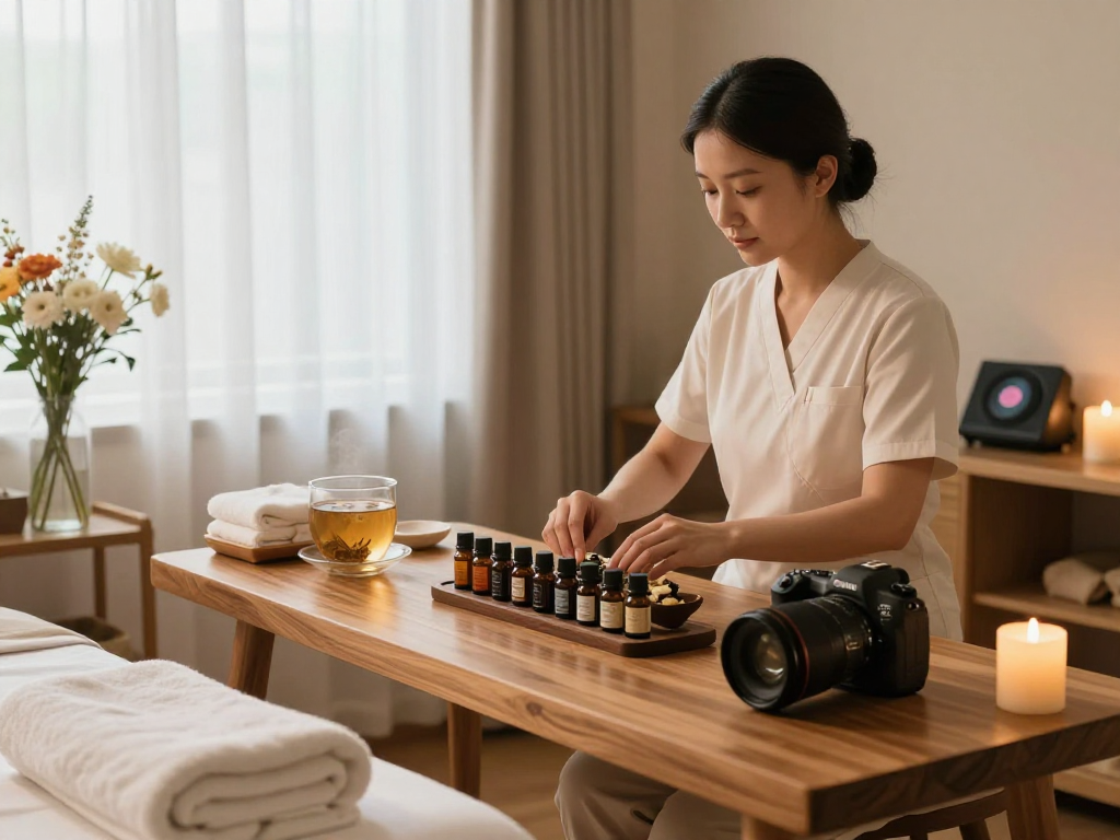 Balanced Massage therapist preparing oils in a serene room embodying mantra88 relaxation.