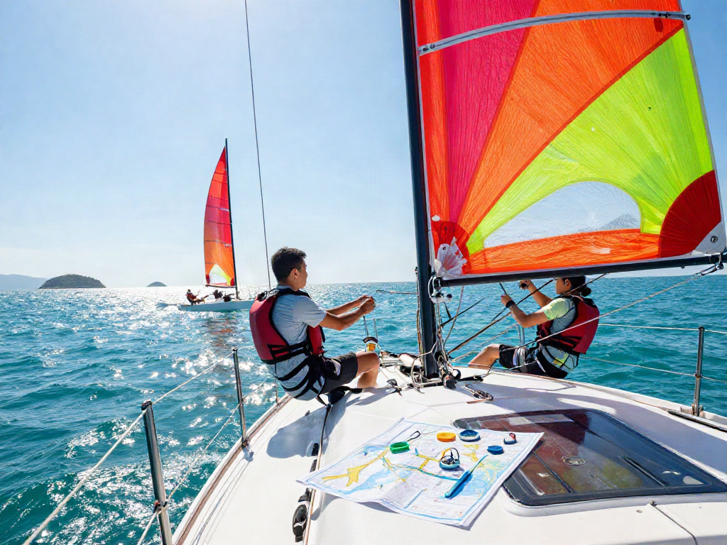 Sailing scene showcasing sailors adjusting sails on a yacht, emphasizing adventure with slot qris 5k ambiance.