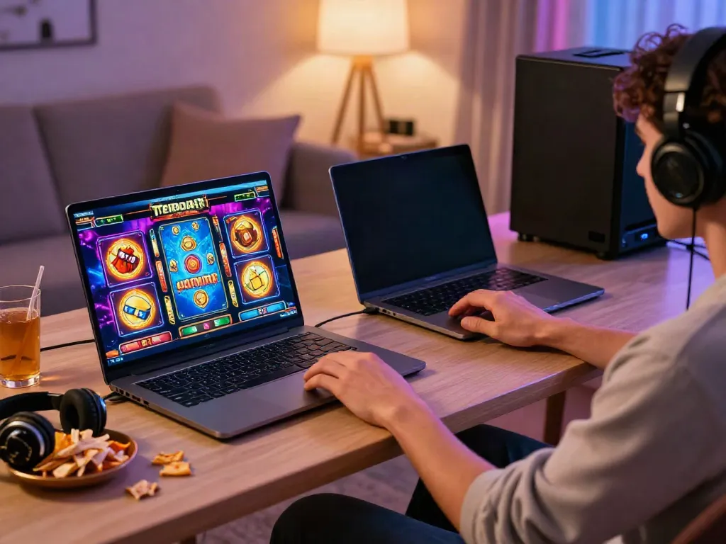 Player enjoying an exciting slot game at home, vibrant graphics on screen.