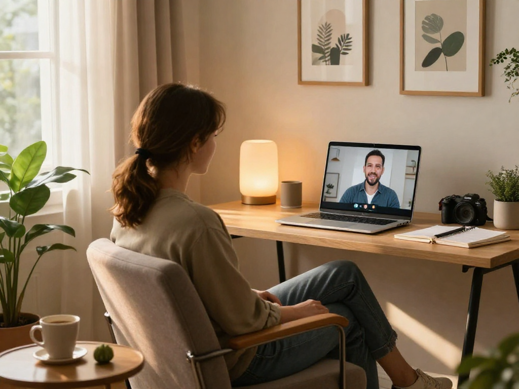 Engaging sex chat interaction in a cozy virtual space with warm lighting.