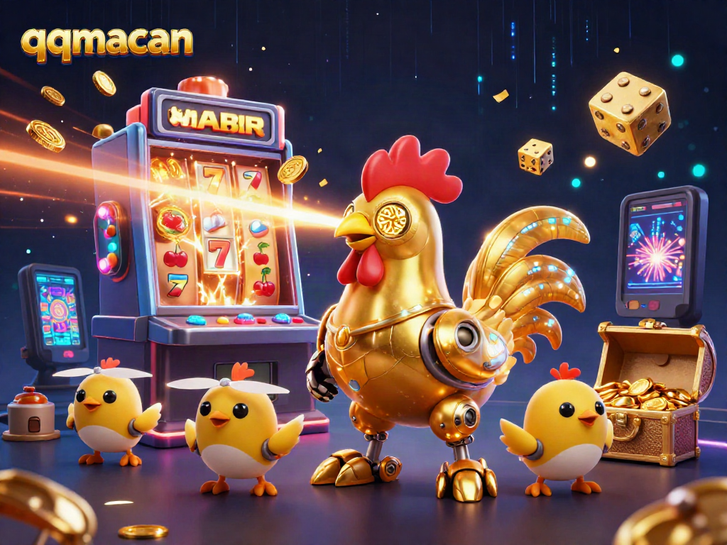 Engage with qqmacan's vibrant world featuring a golden rooster robot surrounded by casino excitement.