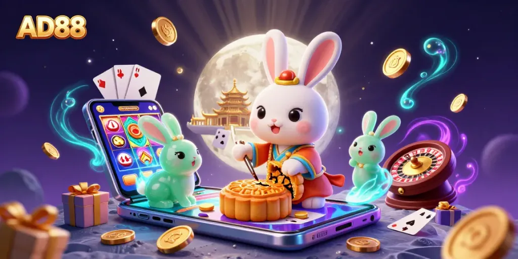 AD88 showcases a dynamic 3D illustration of a moon rabbit creating mooncakes, revealing poker chips.