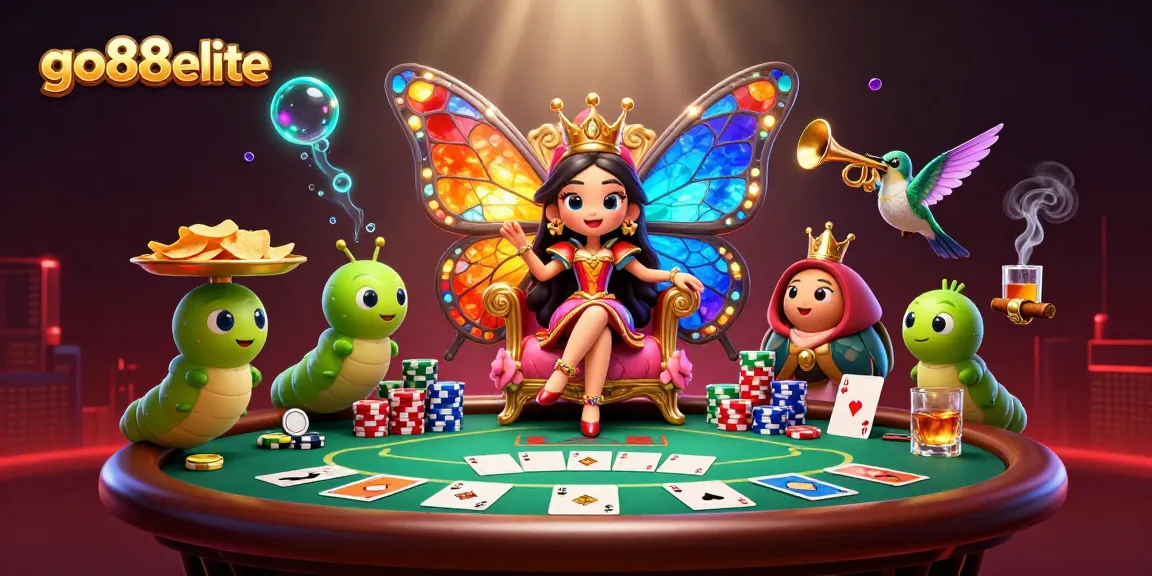 Engage in poker action at go88elite with a vibrant butterfly queen surrounded by colorful chips.