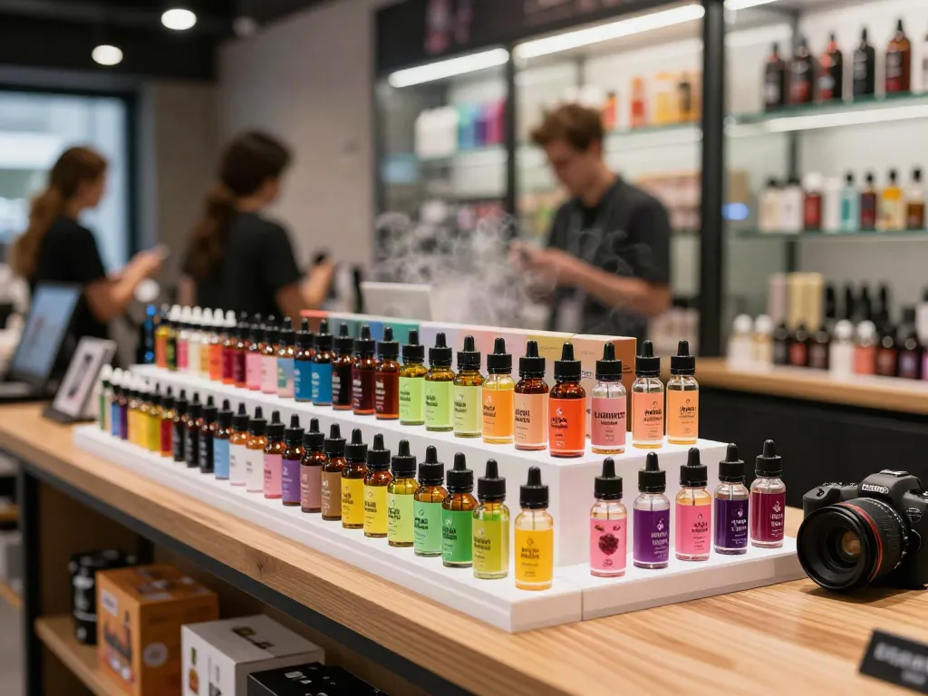 Colorful Alternativ e-liquid bundle display in a modern vape shop.